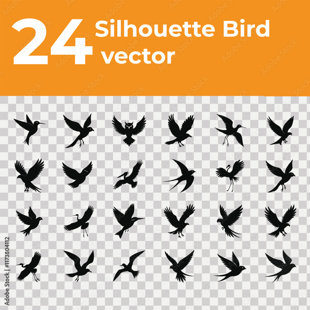 A premium set of 24 bird silhouette vector illustrations featuring various bird poses and species in black design, perfect for graphic designers, art projects, and digital use, isolated on an editable A premium set of 24 bird silhouette vector illustrations featuring various bird poses and species in black design, perfect for graphic designers, art projects, and digital use, isolated on an editable