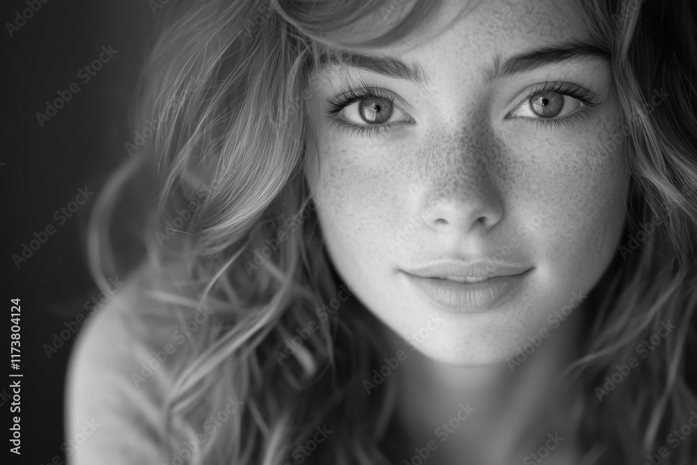 Black and white portrait of a young woman with natural beauty and light freckles Black and white portrait of a young woman with natural beauty and light freckles