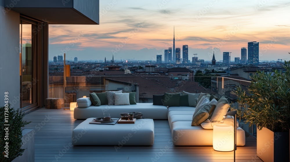Fototapeta premium Milan rooftop sunset luxury apartment terrace furniture