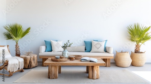 Coastal-themed patio with driftwood accents, soft beige tones, and ocean-blue textiles for a breezy seaside vibe photo