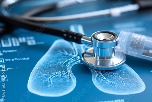 Stethoscope examining lungs radiography in medical office: healthcare and respiratory disease concept