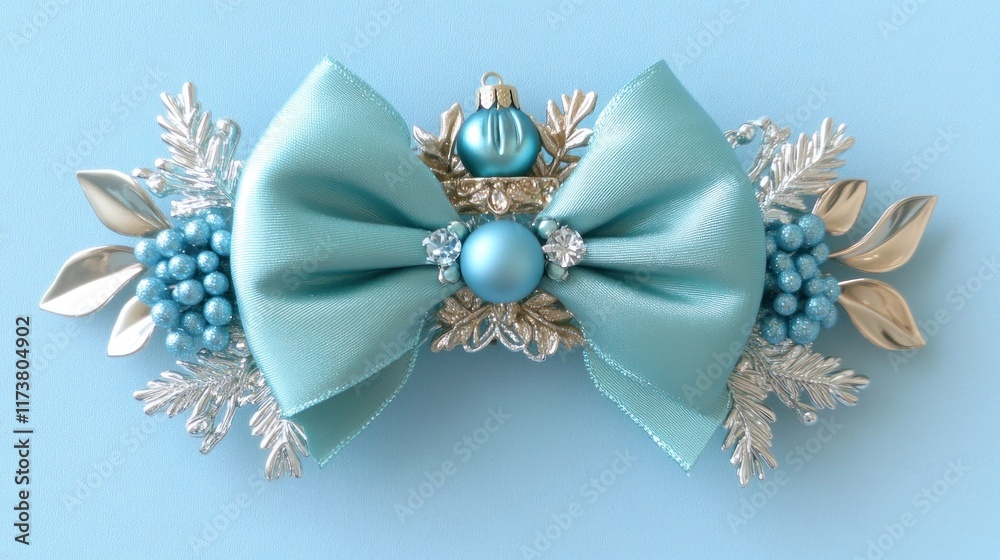 Naklejka premium Light blue satin bow with silver accents and Christmas ornaments on a light blue background.