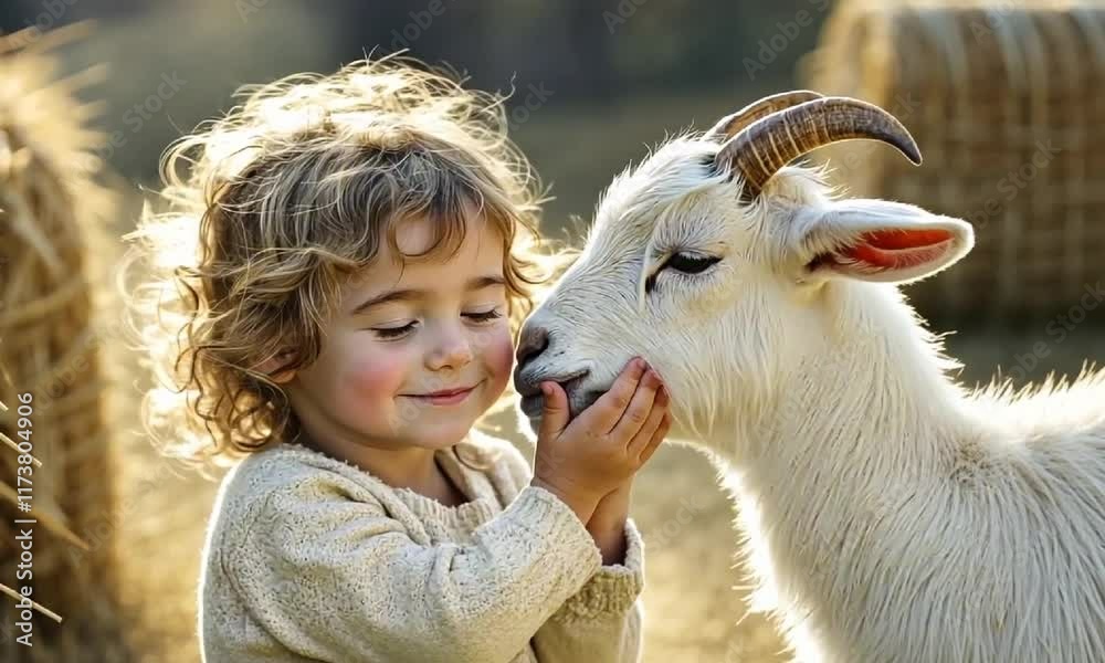 Joyful bonding moment between child and goat in sunlit countryside