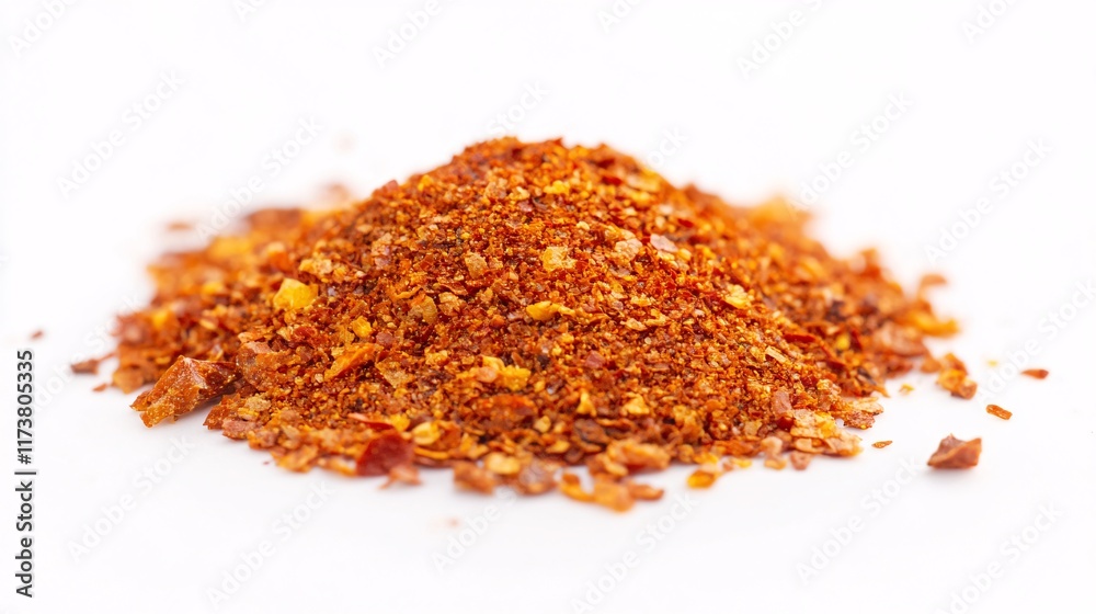 A vibrant pile of crushed red pepper flakes on a white background, showcasing its rich color and texture. A vibrant pile of crushed red pepper flakes on a white background, showcasing its rich color and texture.
