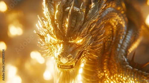 A majestic golden dragon sculpture, a powerful symbol of ancient Chinese culture, adorns a temple in Thailand, a testament to the enduring influence of Asian art and mythology photo