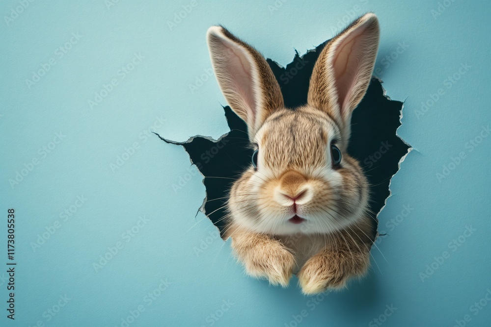Fototapeta premium Cute easter bunny peeking through hole in light blue wall