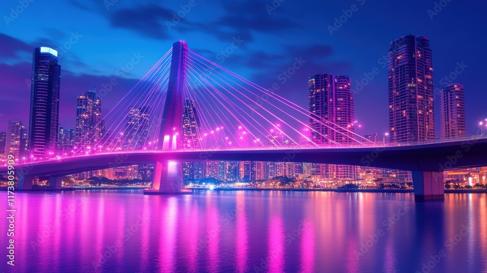 Naklejka premium Illuminated Cityscape at Night with Modern Bridge Reflection