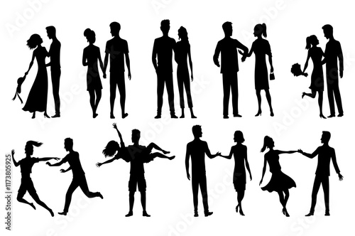 Couples in love silhouettes collection. Set of man and woman of different poses standing together. Romantic black silhouettes of loving pair boy and girl set. Vector illustration