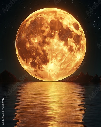 Giant orange moon over calm water.