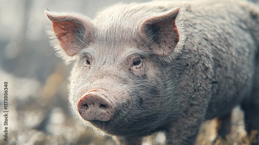 Close-up of a happy pig with soft pink skin in a serene rural setting. Close-up of a happy pig with soft pink skin in a serene rural setting.