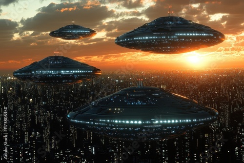 UFOs Over Night City at Sunset