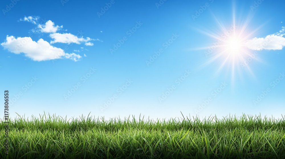 Vibrant Green Grass Field Under Sunny Blue Sky Vibrant Green Grass Field Under Sunny Blue Sky
