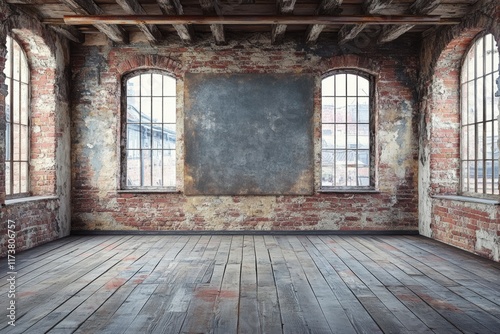 Empty Grunge Loft Interior with Large Metal Sign