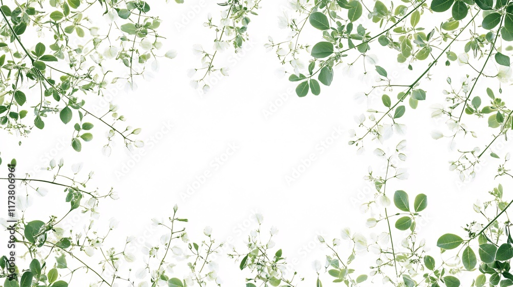 Delicate white flowers and lush green leaves frame a pristine white background, creating a serene, natural ambiance. Delicate white flowers and lush green leaves frame a pristine white background, creating a serene, natural ambiance.