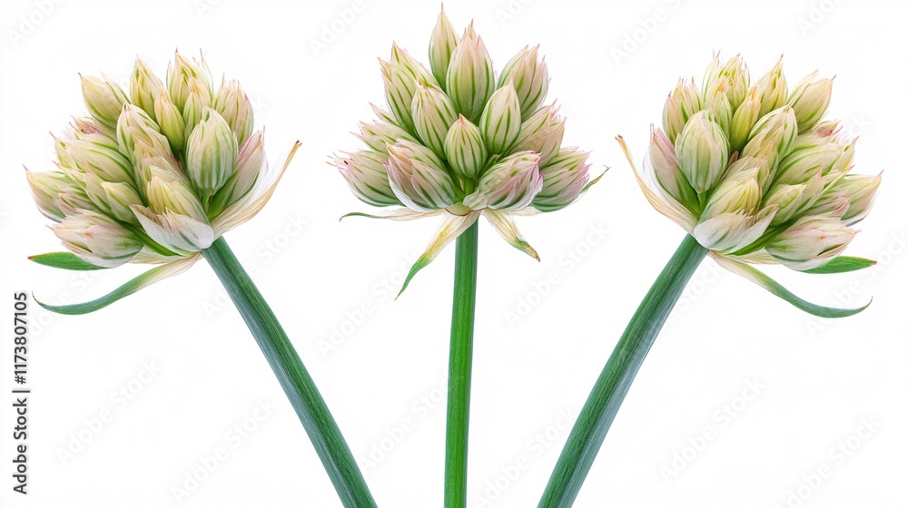 Fototapeta premium Three delicate onion flowers in varying stages of bloom, showcasing vibrant green stems and soft pastel hues.