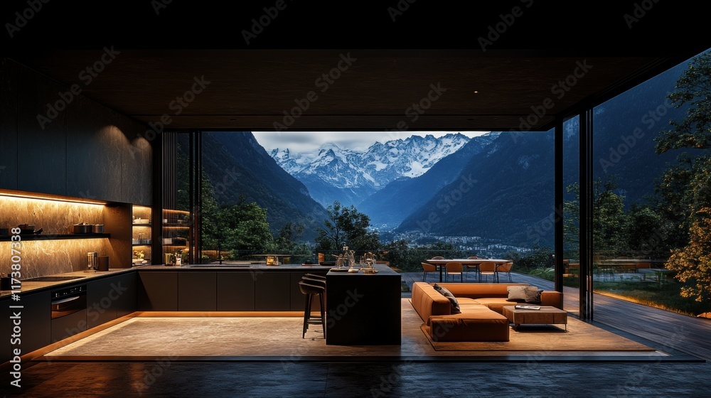 Fototapeta premium Modern Mountain View Kitchen and Living Room