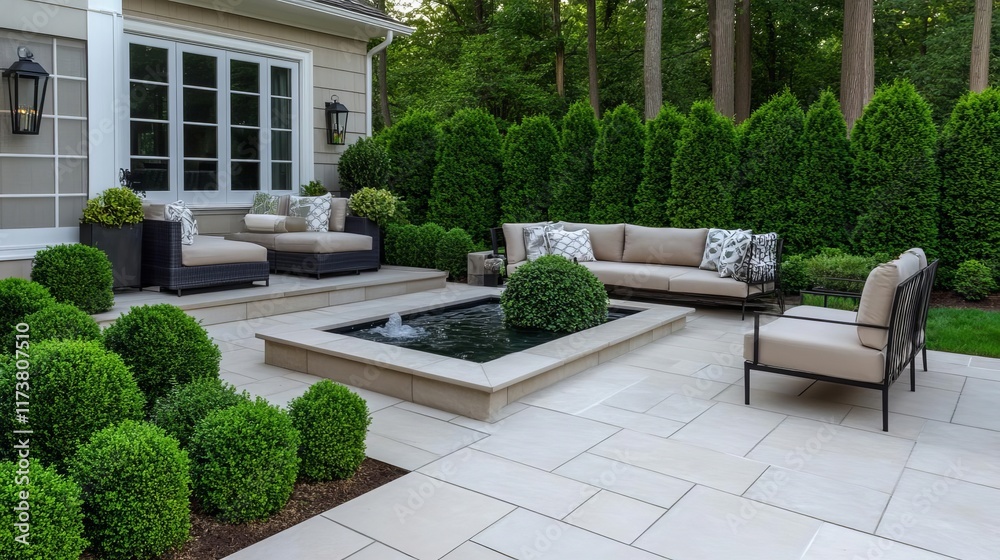 Naklejka premium Elegant patio with high-end finishes, a water feature, and luxurious seating