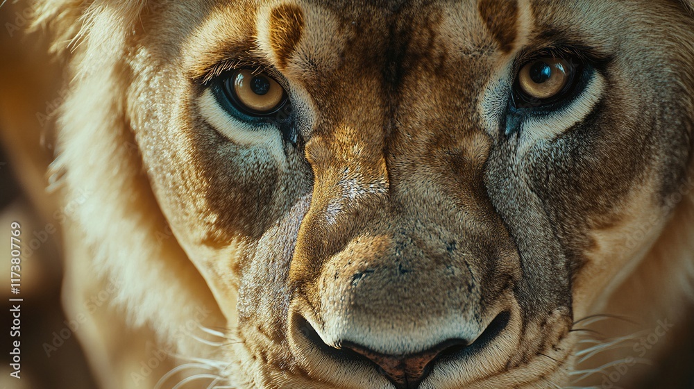 Close-up of a majestic lioness with piercing golden eyes and a fierce expression, showcasing her powerful features. Close-up of a majestic lioness with piercing golden eyes and a fierce expression, showcasing her powerful features.