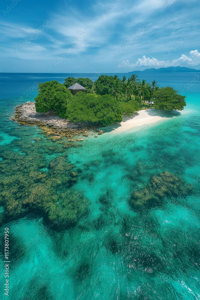 Fototapeta premium Photo réaliste professionnelle d’une petite île tropicale entourée d’eaux turquoise et de plages de sable blanc