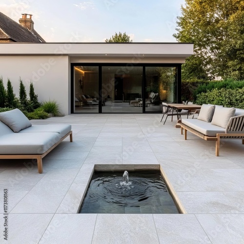 Elegant patio with minimalist stone tiles, sleek outdoor furniture, and a serene water feature centerpiece for ultimate relaxation photo