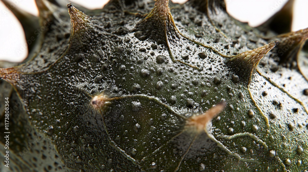 Close-up of a green spiky fruit highlighting its unique textures and moisture droplets. Close-up of a green spiky fruit highlighting its unique textures and moisture droplets.