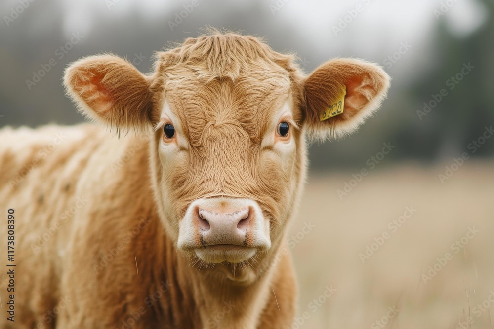 Young cow standing in a lush green field with scenic surroundings Young cow standing in a lush green field with scenic surroundings