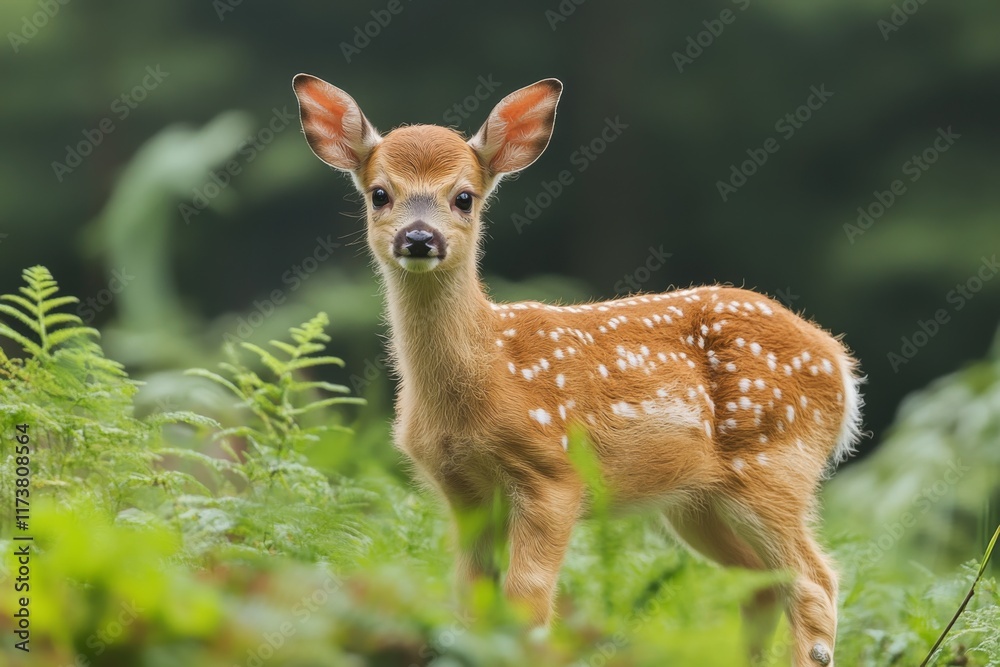 Cute baby deer standing in green grass in the forest Cute baby deer standing in green grass in the forest