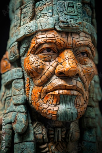 Majestic mayan king statue wearing elaborate headdress