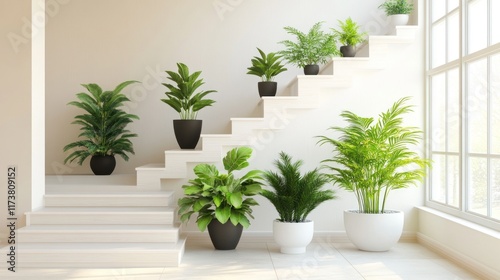 Indoor plants arranged on modern white staircase near bright window.