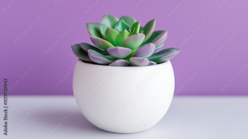 Obraz premium Green succulent in a white pot against a purple background.