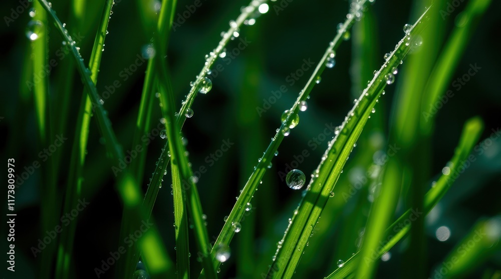 Dew Drops Adorn Vibrant Green Blades Of Grass Dew Drops Adorn Vibrant Green Blades Of Grass