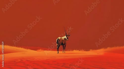 A striking oryx standing in a desert landscape with a dramatic red sand dune backdrop
