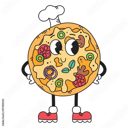 Groovy retro character pizza. Junk food, fast food. Vector isolated illustration