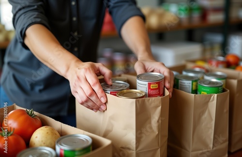 Person packing food donations into paper bags at food bank. Volunteer putting canned goods, fresh produce into brown paper bags. Food bank giving out aid for people need. Community support, photo