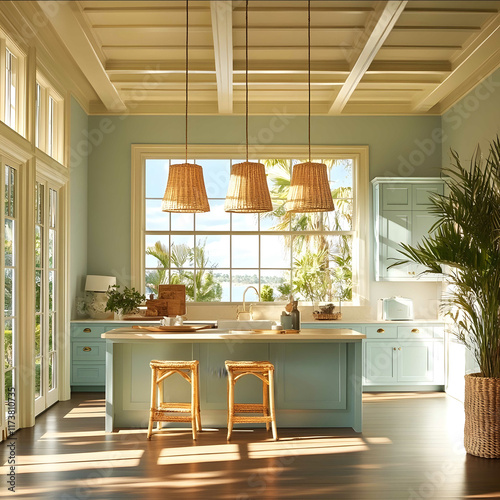 beautiful and expensive kitchen with the cabinets and island a trending paint color The walls are colored with dainty sea color palette Sunlight from the golden hour c