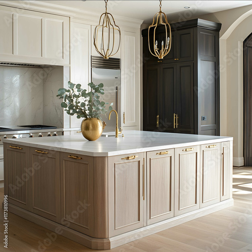 white oak flooring in a kitchen with white oak cabinets The island is white oak with accent feature on the side of the island The countertops are 2 inch thick white ma