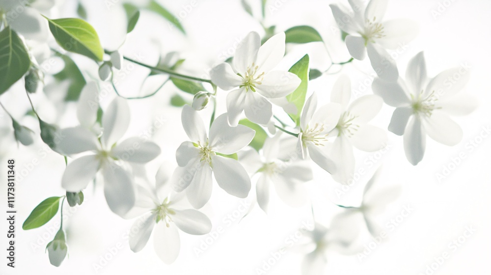 Fototapeta premium Delicate white flowers bloom gracefully against a soft, light background.