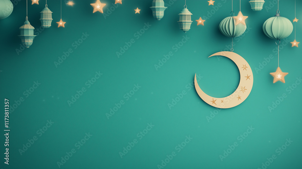 crescent moon and lanterns on teal festive ramadan background crescent moon and lanterns on teal festive ramadan background