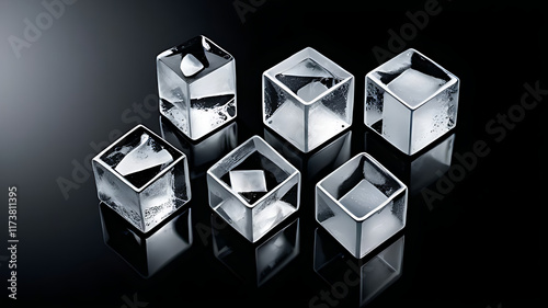 Ice cubes shaped like geometric patterns resting on a sleek black surface.
,  photo