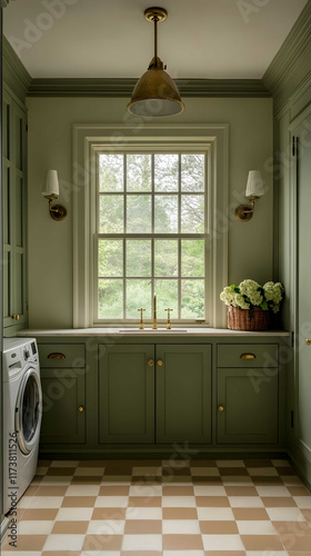 a transitional style laundry room with green cabinets brass hardware tan and white checkered floor sconces on either side of the window