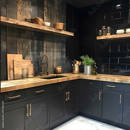 a kitchen design consisting of paint color tile backsplash LVP floors kitchen cabinets and cabinet hardware this is for a 26 male bachelor The space should be rustic m