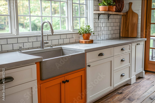 a professional photograph of a farmhouse kitchen with wood floors and grey quartz countertops and undermount sink with white tile backsplash Cabinet under sink is oran