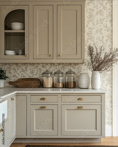 a close up editorial photograph Backsplash made of modern pattern wallpaper food jars pale beige shaker cabinets with arched glass doors and brass handles in a bright