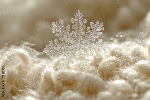 White snowflake macro on knitted wool fabric photo