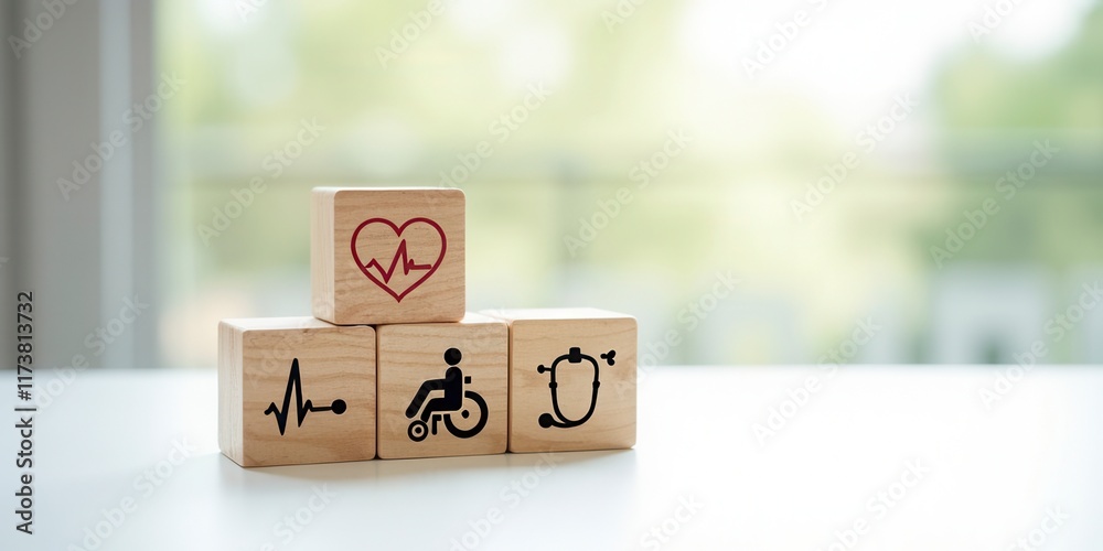 Healthcare Accessibility: Wooden Blocks with Icons Healthcare Accessibility: Wooden Blocks with Icons