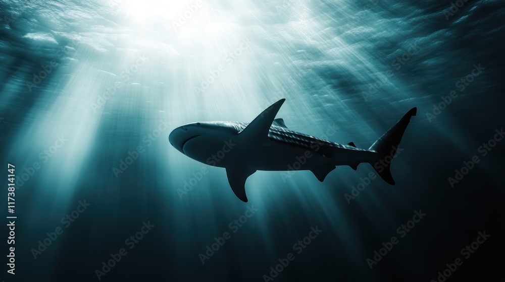 Fototapeta premium Majestic whale shark swims in sunlit ocean depths.