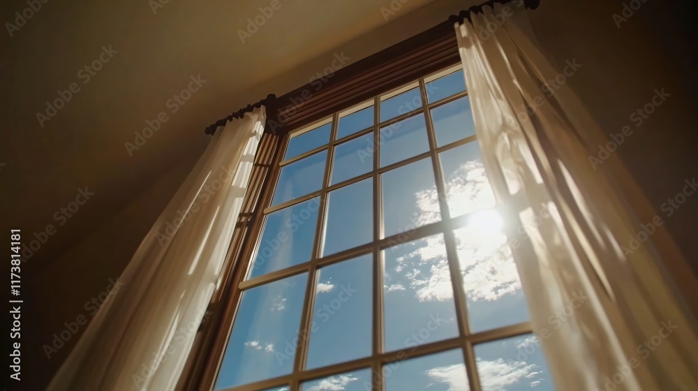 Obraz premium Sunlight Streaming Through Paned Window with Sheer Curtains