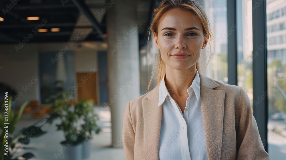 Confident young Caucasian woman in a professional setting, smiling warmly at the camera. Confident young Caucasian woman in a professional setting, smiling warmly at the camera.