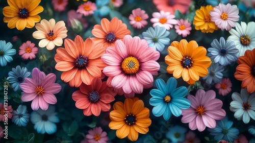 Colorful Flower Blooms in a Vibrant Garden Showcasing Various Shades and Sizes During a Bright Sunny Day