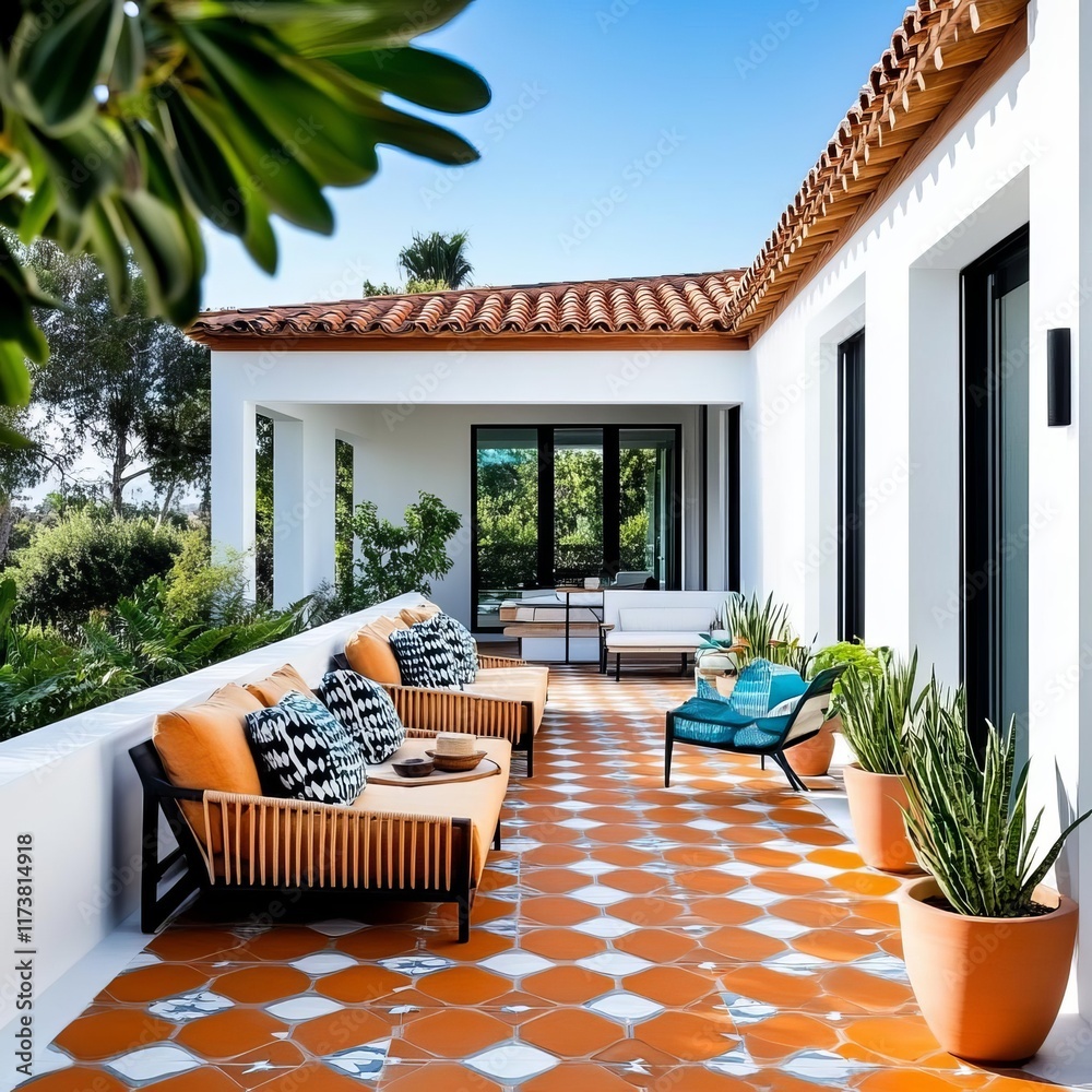 Fototapeta premium Patio with bright Mediterranean tiles and cheerful seating